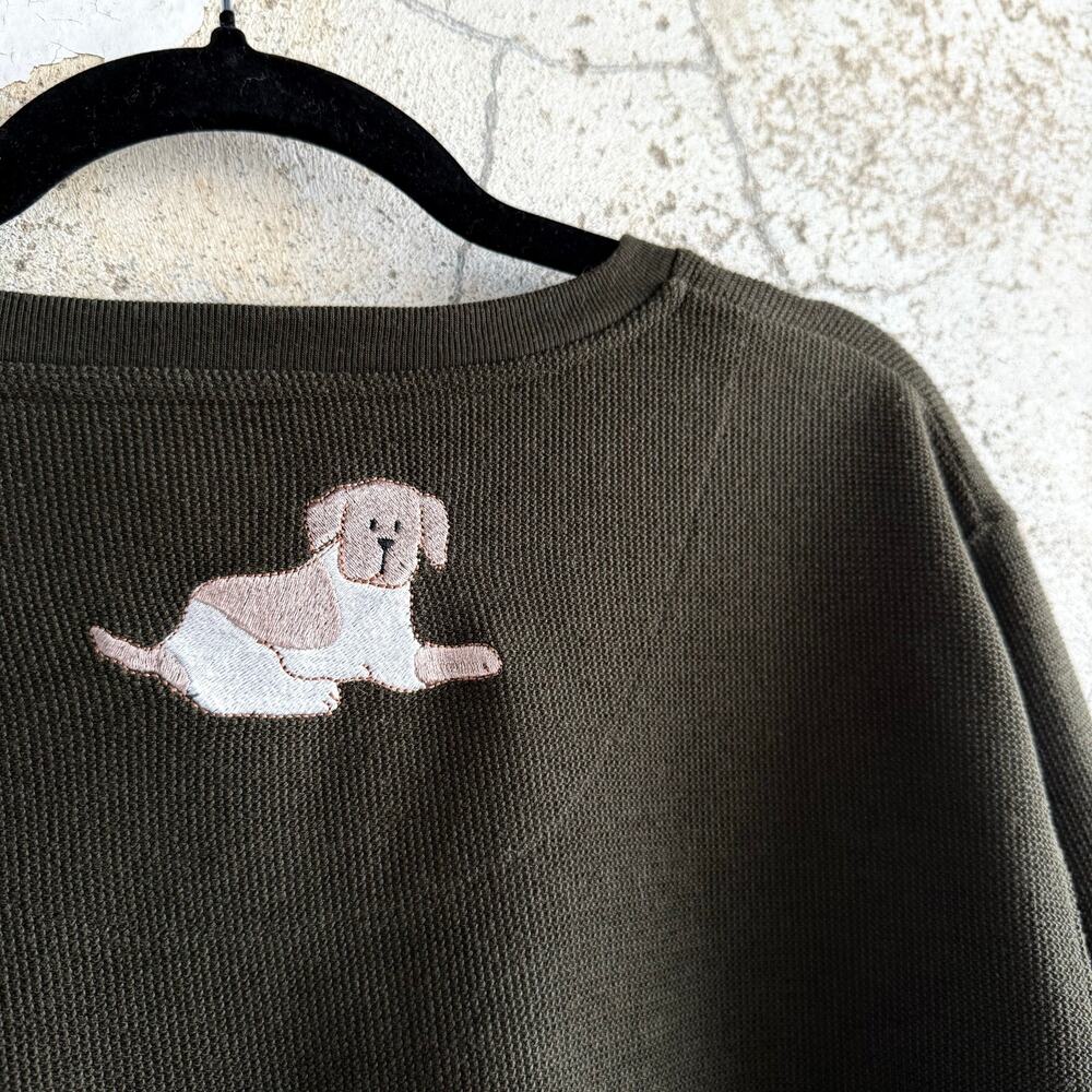 Vintage Waffle Knit Top Embroidered Dogs Thermal 90s Long Sleeve Shirt Womens‎ L - Picture 4 of 8